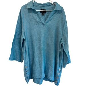 Tahari Womens 1X Turquoise Blue 100% Linen Split Neck Side Button Tunic Top